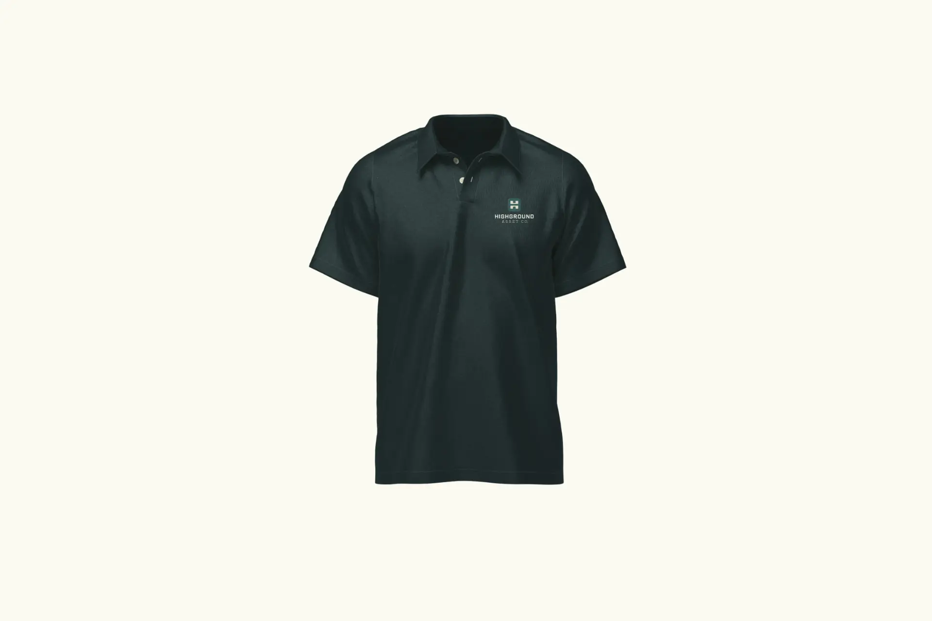 Highground Asset Co. branding applied to field polo — pine