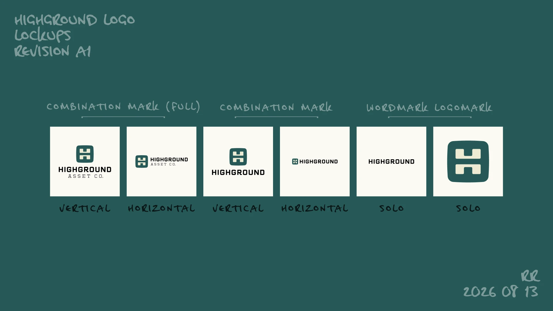 The approved Highground logo lockups: vertical and horizontal combination marks and the solo logomark